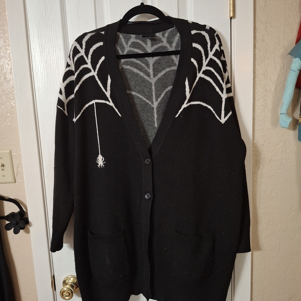 torrid Black Cardigan with White Spiderweb Motif